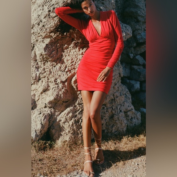 Anthropologie Deep V-Neck Ruched Mesh Mini Dress - Picture 5 of 12